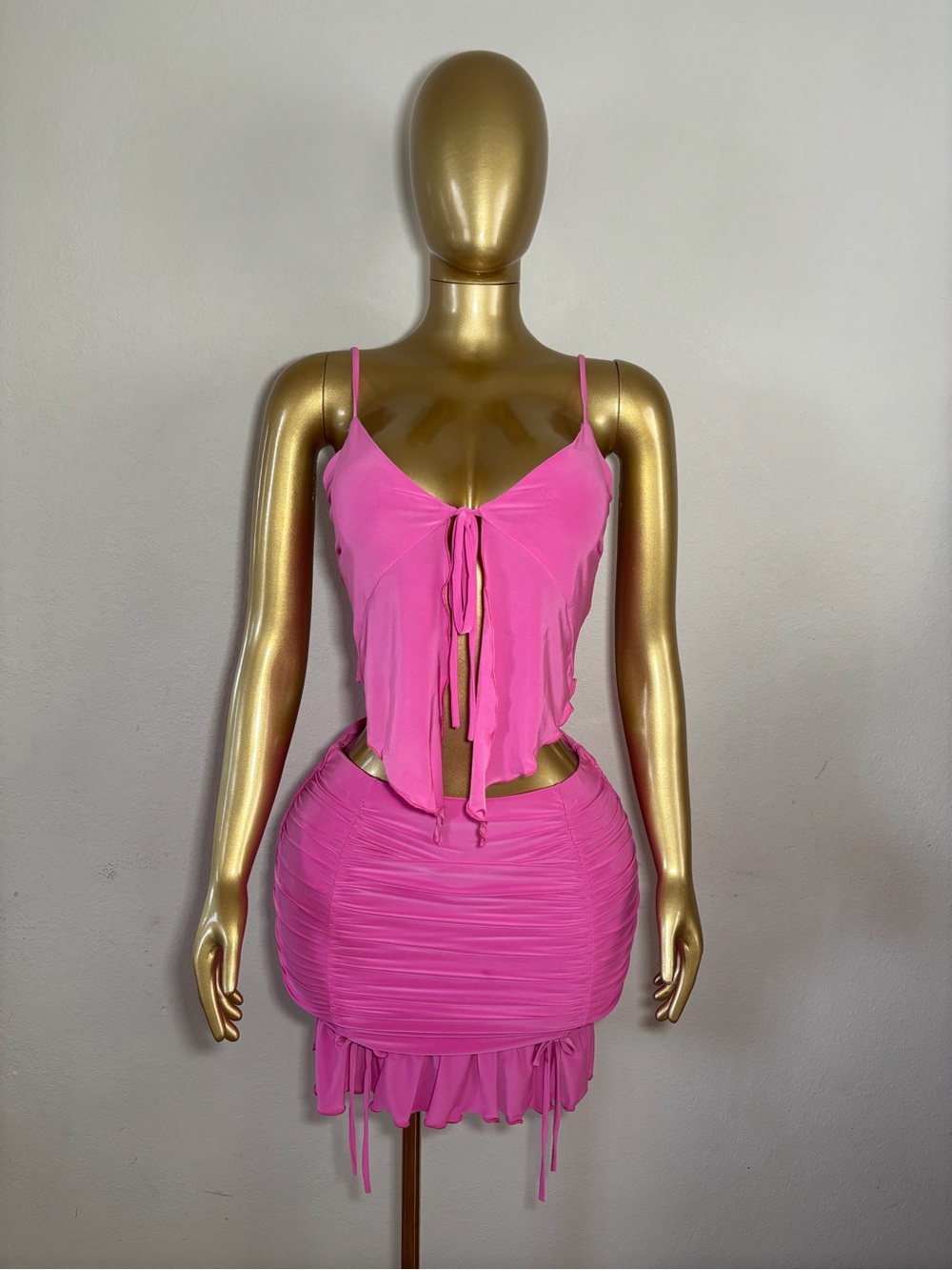 Women’s Pink Ruched Mini Skirt Set with Tie-Front Top